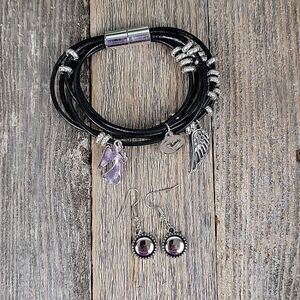Faux leather charm bracelet with earrings